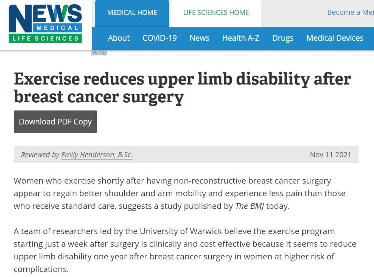 영국 워릭대 연구팀이 유방암 수술 후 운동 프로그램의 중요성을 밝혔다고 보도한 '메디컬 뉴스'.