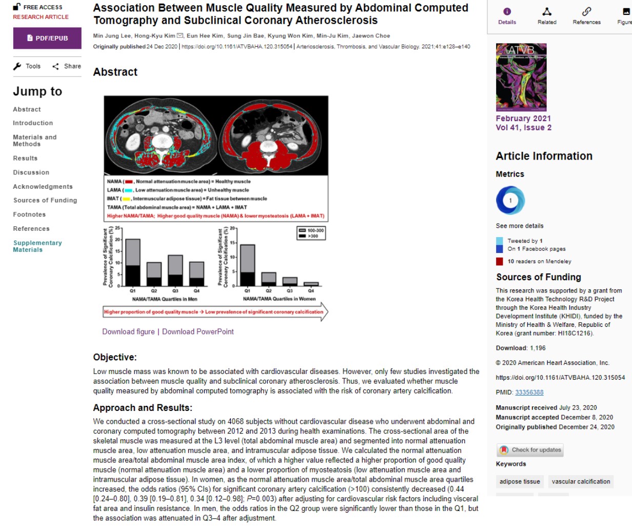 미국심장학회 공식 학술지에 실린 서울아산병원 이민정, 김흥규 교수팀의 근육과 동맥건강의 관계에 대한 논문.