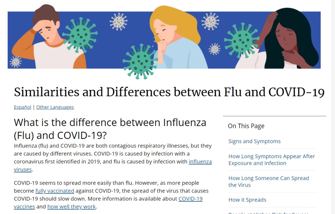 미국 질병통제예방센터 CDC 홈페이지에 게재된 코로나19와 독감의 유사성과 상이점에 대한 리포트.