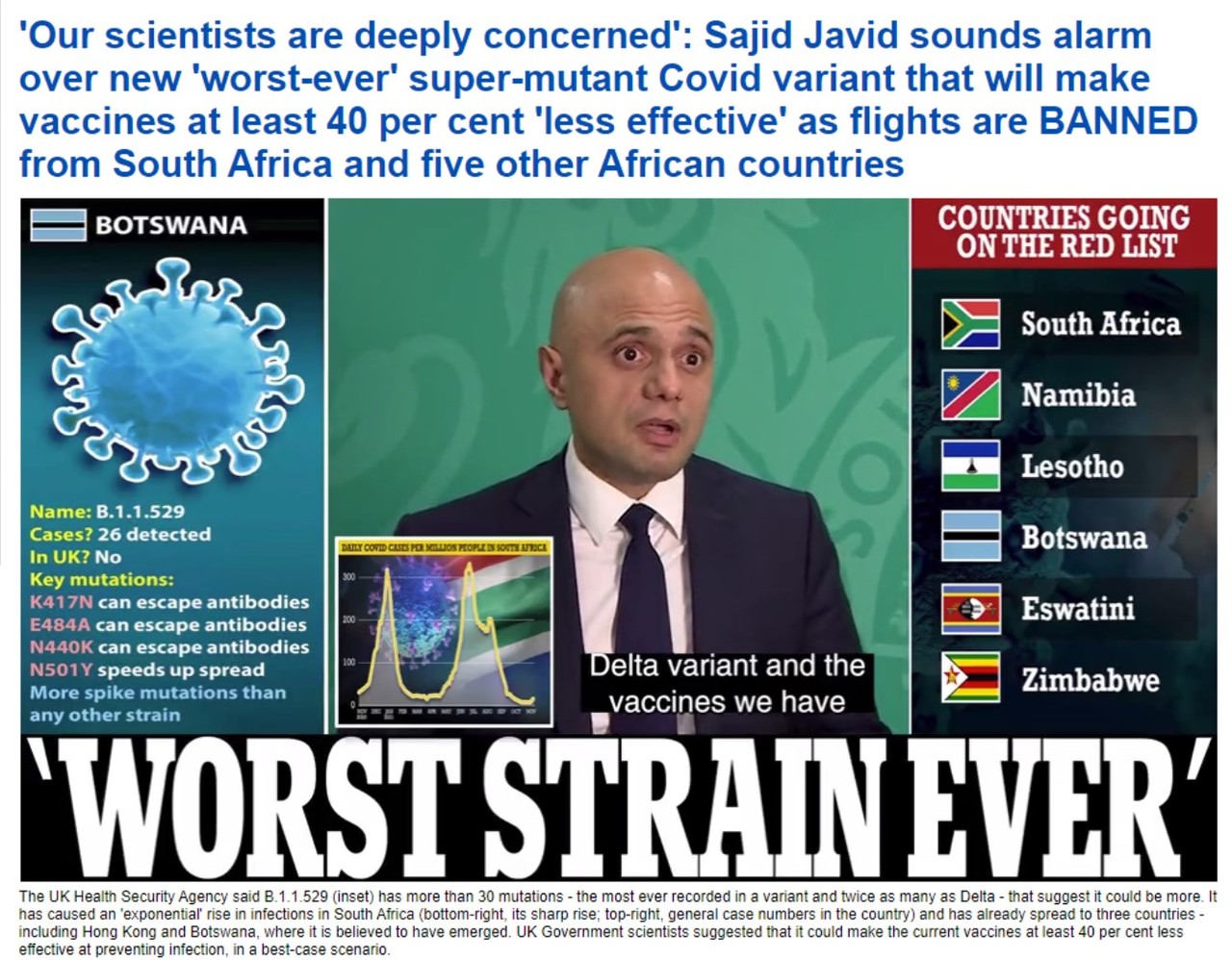 아프리카 보츠와나에서 코로나19 바이러스의 변종인 '누' 변이 바이러스가 발견됐다고 보도한 영국 매체 'Daily Mail'.