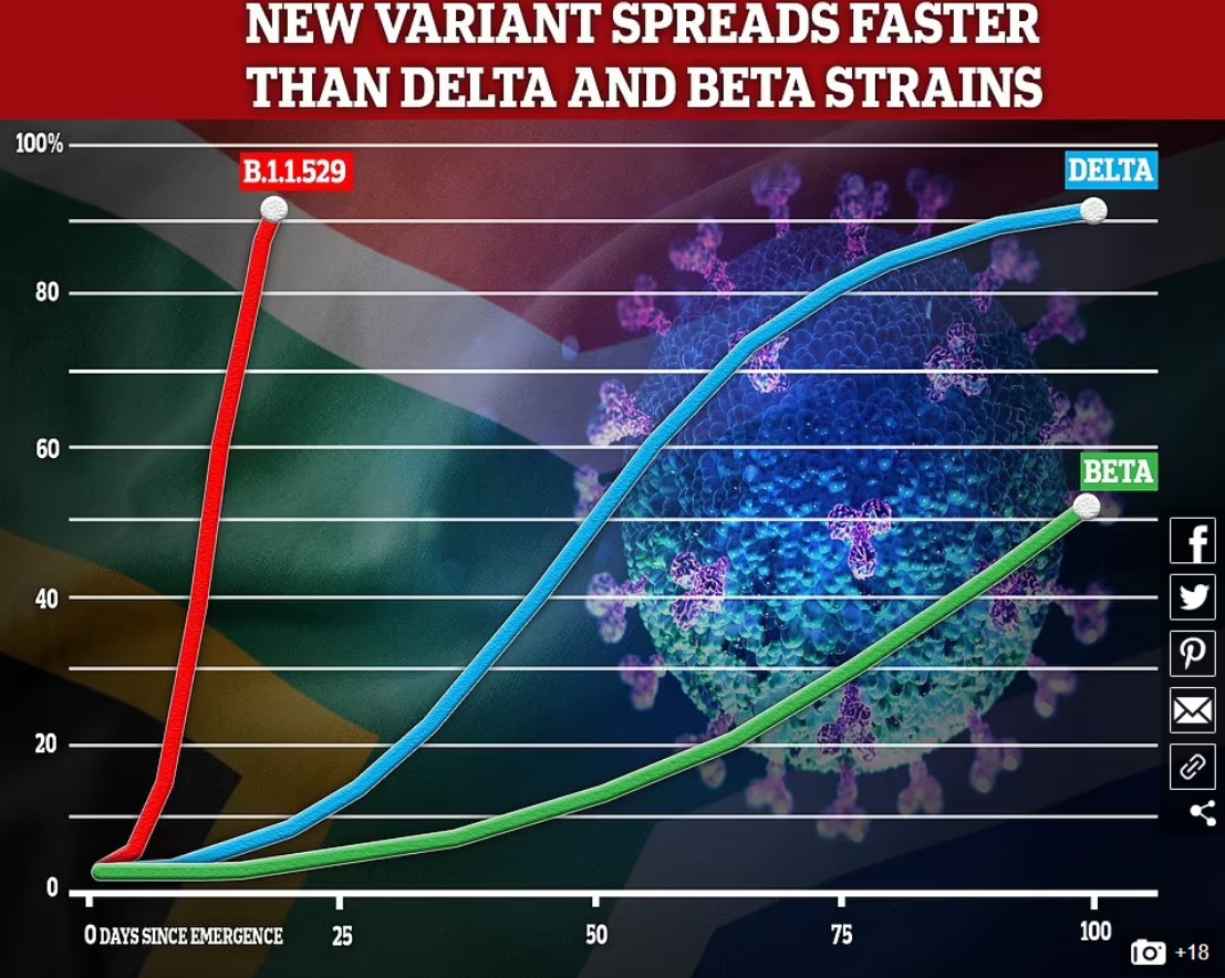 누 변이 바이러스(B.1.1.529)의 높은 감염력을 보여주는 그래프. 다른 변종들보다 훨씬 빠르고 활동적인 것을 한눈에 알 수 있다. / Daily Mail
