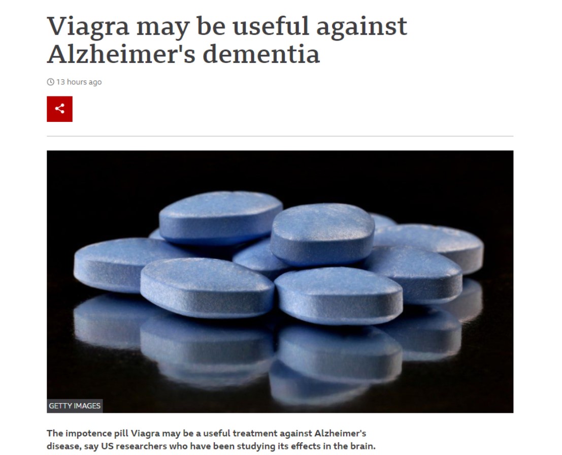 영국 BBC를 비롯한 언론들은 비아그라의 실데나필 성분이 알츠하이머 치매를 치료할 수 있다는 연구결과를 크게 보도했다. / BBC