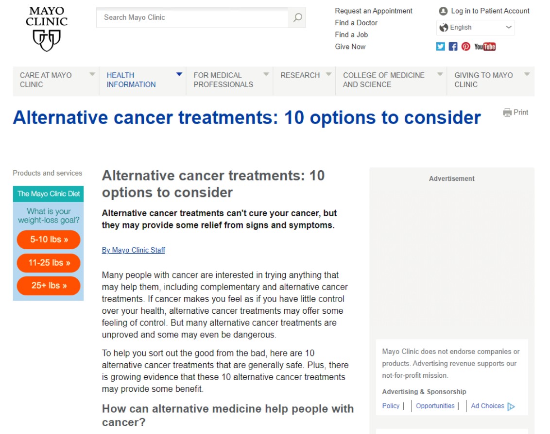 암을 치료할 때 보완적으로 활용할 수 있는 보편적이고 안전한 10가지 방법을 세계적 암센터 메이요 클리닉이 선정해 소개했다.