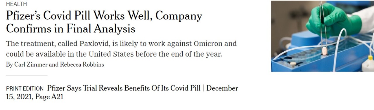 코로나19 경구 치료제 팍스로비드의 3상 임상시험 결과를 발표한 화이자 홈페이지와 이를 보도한 뉴욕타임스. 이 약을 먹으면 입원ㆍ사망 확률이 89%까지 낮아진다. 