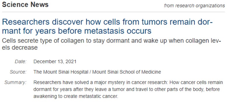 암세포 주변의 콜라겐이 암의 수면상태를 유지해 종양의 악성진행을 막을 수 있다는 연구결과가 실린 'nature cancer'와 연구결과를 소개한 'Science Daily'.