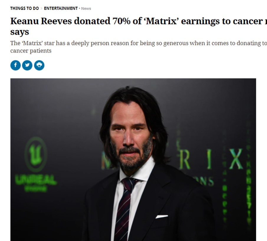 할리우드 스타 키아누 리브스가 매트릭스 수익금의 70%를 백혈병 연구에 기부한 사실이 미국언론들에 보도돼 화제가 되고 있다.