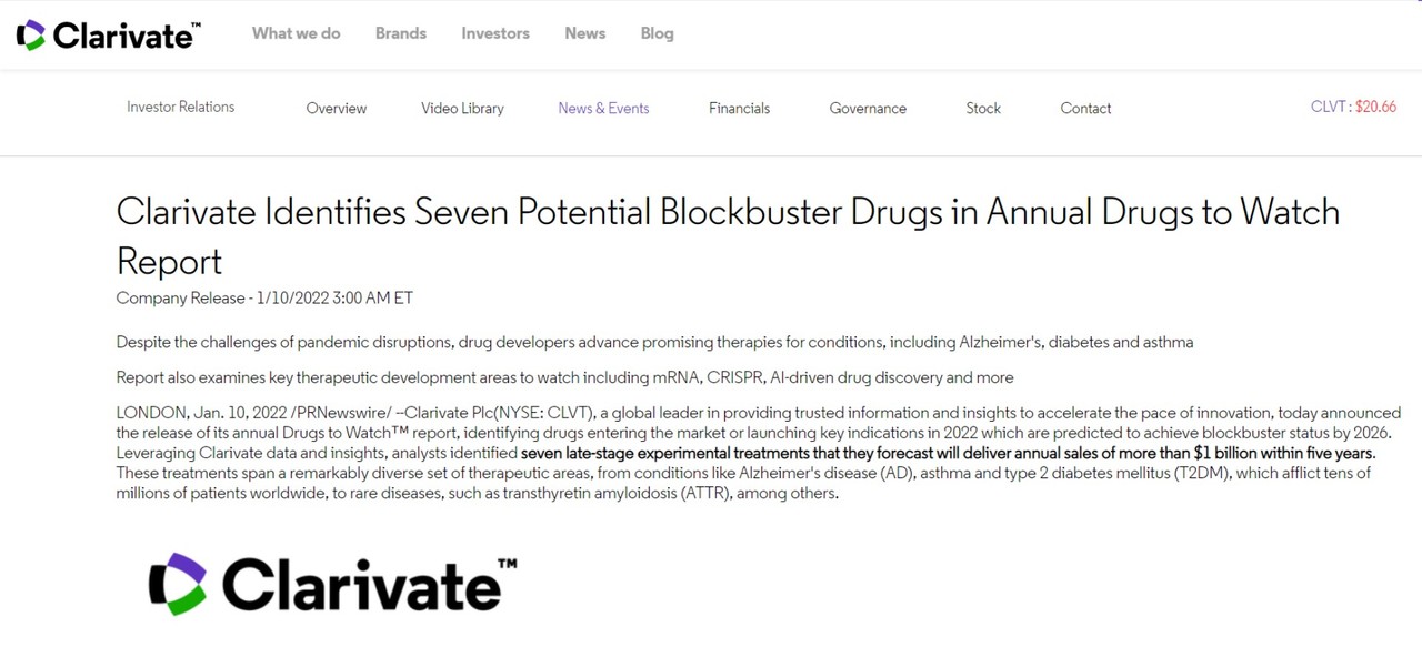 클래리베이트가 향후 5년내 블록버스터 신약이 될 약 7가지를 발표했다.