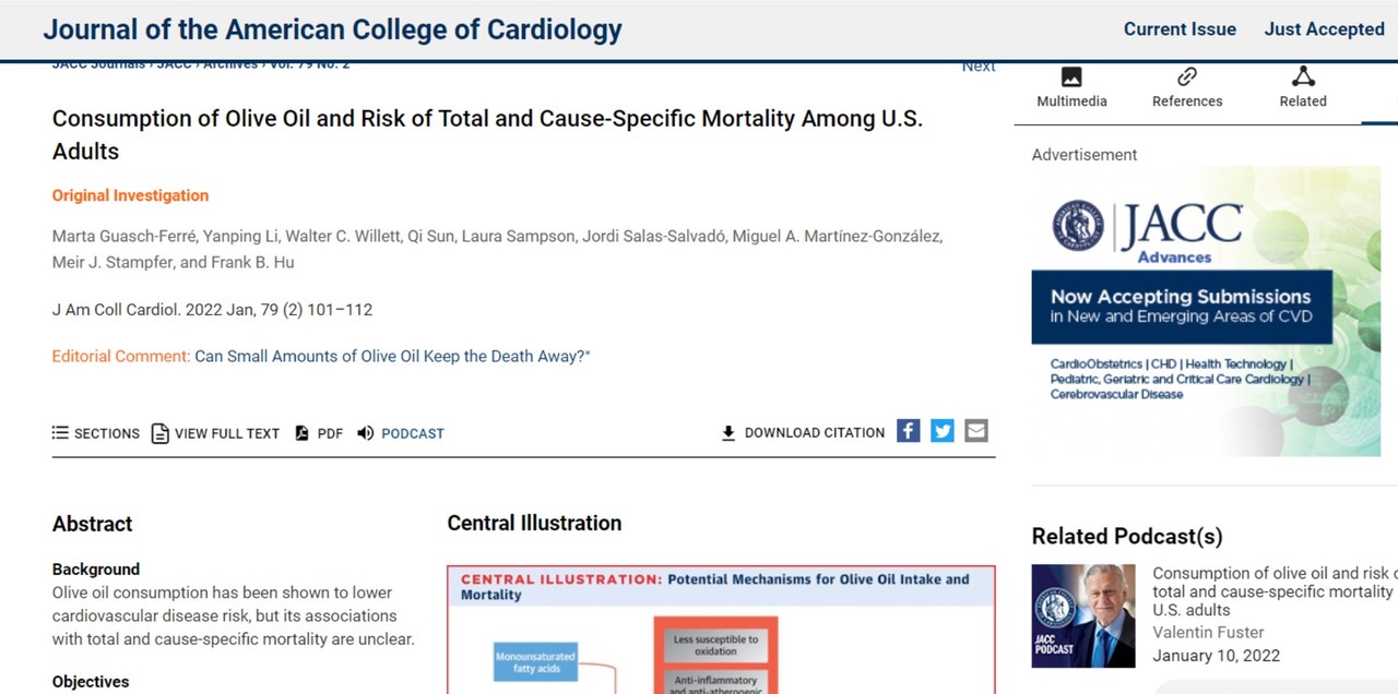 올리브 오일이 암을 비롯한 각종 질환으로 사망할 위험을 크게 낮춰준다는 연구결과가 실린 'American College of Cardiology'.