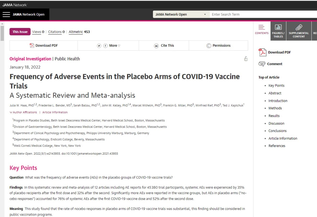 하버드대 의대 연구팀이 코로나백신의 가벼운 부작용 중 상당부분이 부정적 생각 등 다른 요인 때문인 노시보 효과라는 연구결과를 발표한 'JAMA network open'.