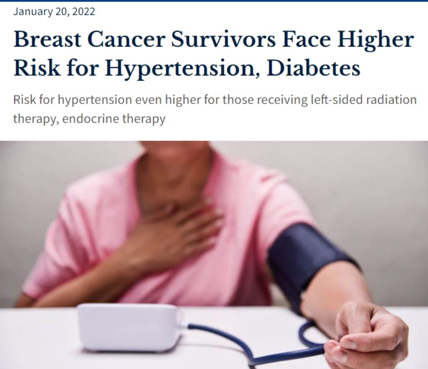 유방암 병력이 있는 여성은 고혈압 같은 심혈관질환과 당뇨병에 걸릴 위험이 커진다는 연구를 소개한 'HealthDay News'.