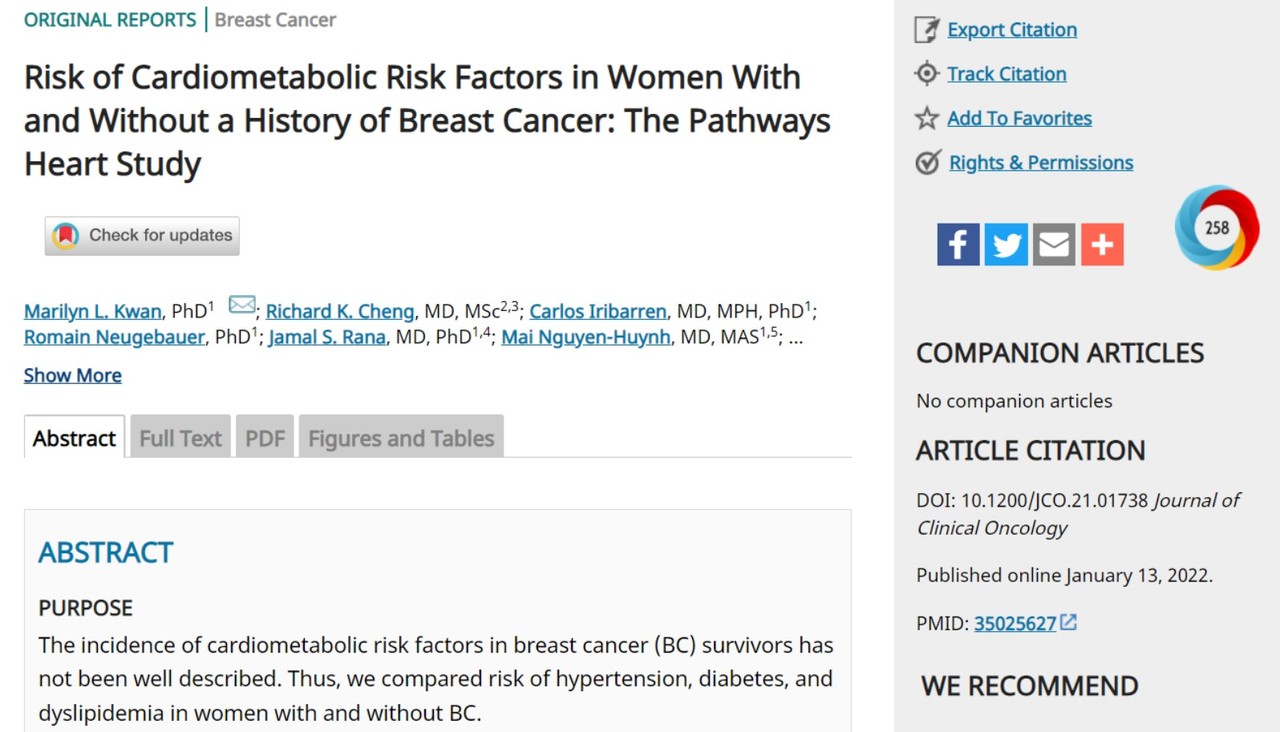 유방암 진단을 받은 여성 약 1만5000명과 대조군을 추적 연구한 결과, 유방암 병력이 있는 경우, 심혈관 질환과 당뇨병 등의 위험이 큰 것으로 드러났다는 연구결과를 실은 'Journal of Clinical Oncology'.