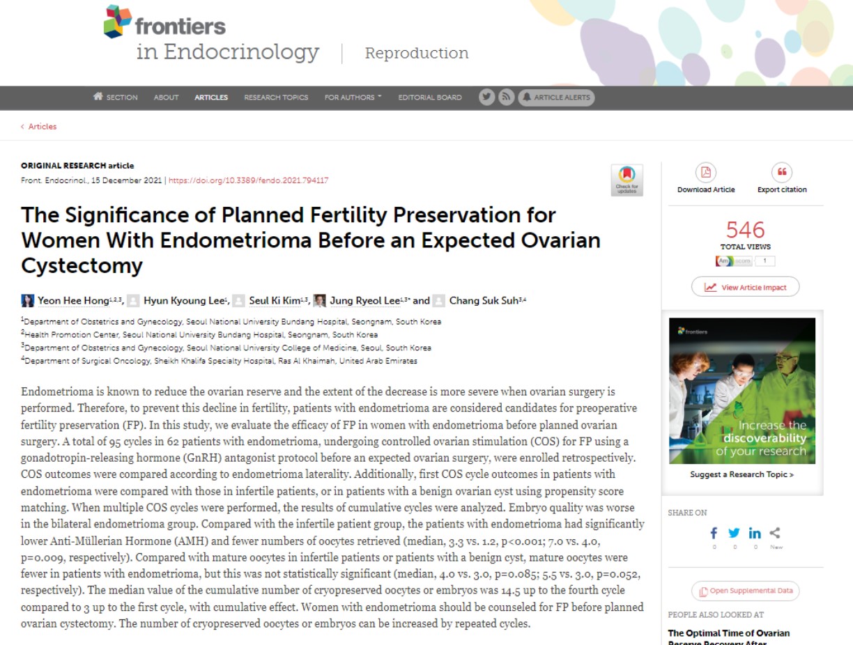 자궁내막종 수술을 앞두고 가임력 보존 치료를 받으면 향후 임신에 큰 도움이 된다는 연구결과가 실린 'Frontiers in Endocrinology'.