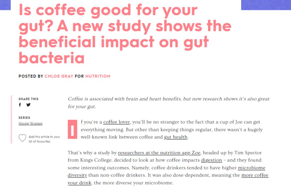 커피가 장 건강에도 다양한 측면에서 도움이 된다는 연구를 소개한 영국 매체 'Stylist'.