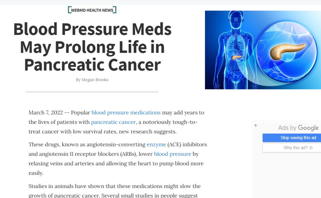 특정 혈압약이 치명적인 췌장암 환자의 생명을 연장시켜 줄 수도 있다는 연구를 소개한 'WebMD'.
