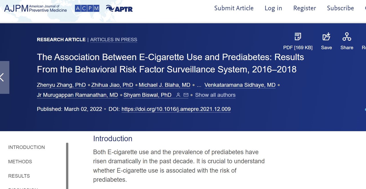 전자담배도 일반담배처럼 혈당을 높여 당뇨병의 위험을 증가시킨다는 연구 결과가 실린 'American Journal of Preventive Medicine'.
