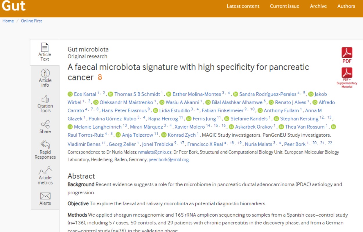 진단하기 어려운 암으로 알려진 췌장암을 분변검사로 밝힐 수 있다는 연구결과가 실린 'Gut'.