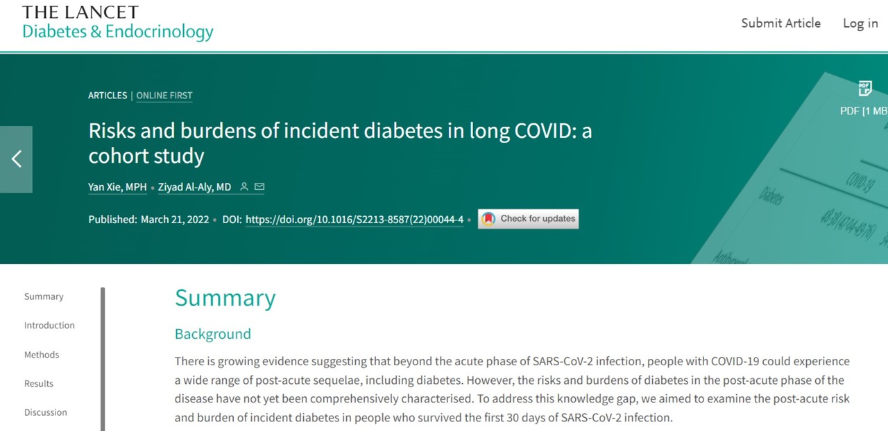 코로나19에 감염되면 후유증으로 당뇨병에 걸릴 확률이 급증한다는 연구결과가 실린 'the Lancet, Diabetes & Endocrinology'.