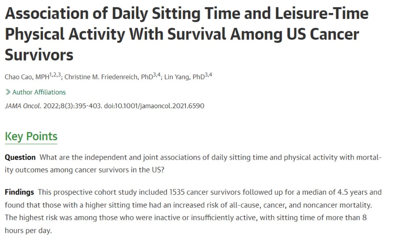 암 생존자가 의자에 오래 앉아있거나 운동을 하지 않으면 각종 이유로 사망할 확률이 급격히 증가한다는 연구결과가 실린 'JAMA Oncology'.