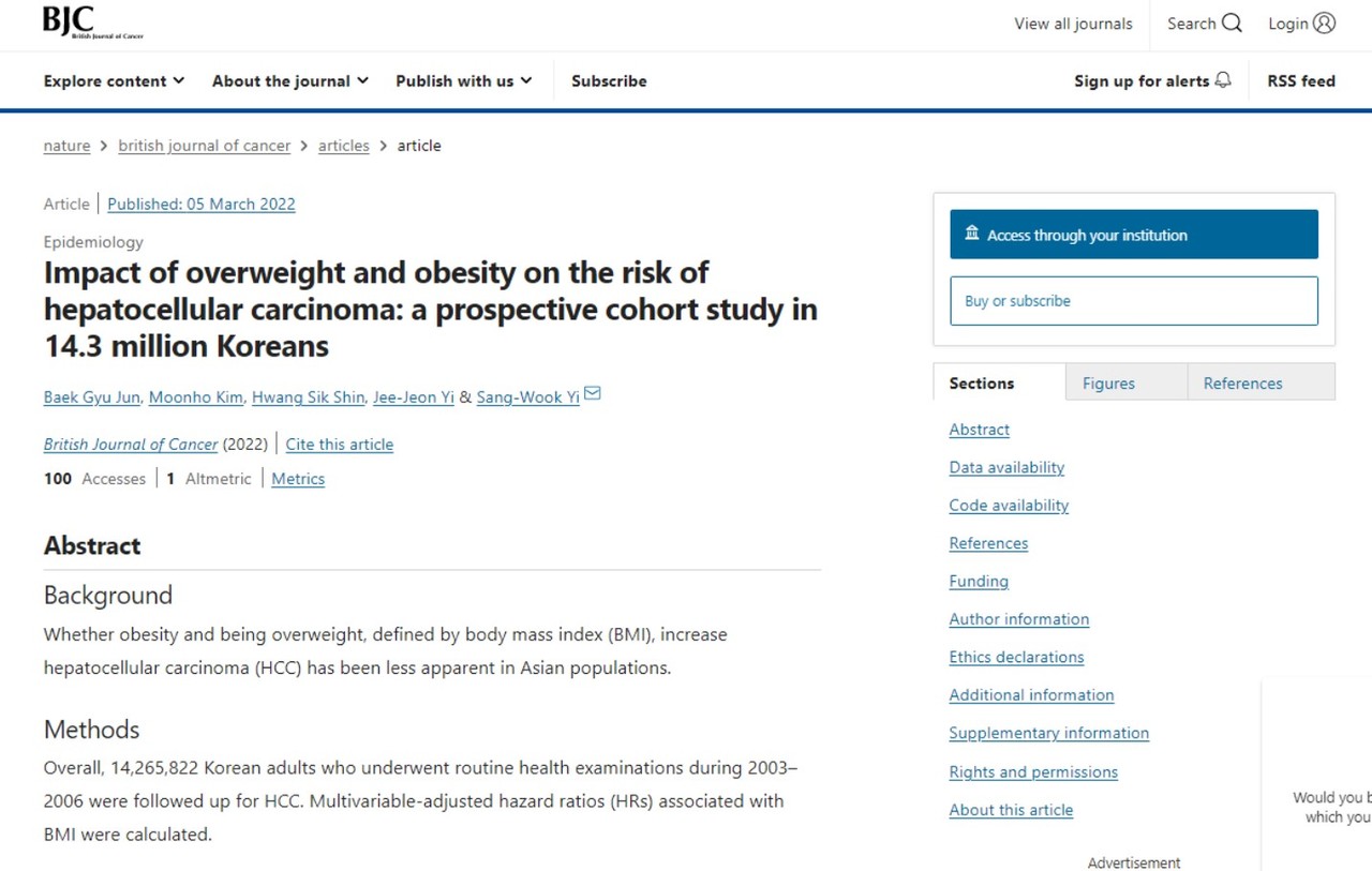 과체중이거나 비만인 경우 간암 발병 위험이 크게 높아진다는 논문이 소개된 'British Journal of Cancer'.