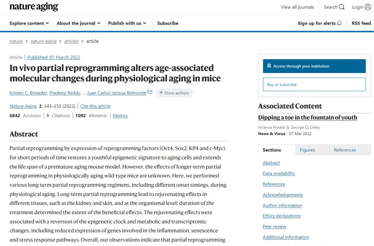 야마나카 인자를 활용한 후생유전학적 치료를 통해 노화를 예방할 수 있다는 생쥐 실험 결과가 실린 'nature aging'.