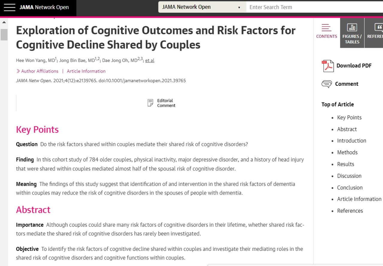 치매환자 배우자도 인지장애와 우울증 등 위험에 노출돼 치매 발생 위험이 커진다는 연구결과가 발표된 'JAMA'.