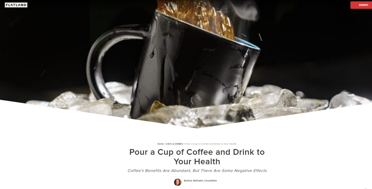 저명한 영양학자인 프랭크 후 박사의 커피 찬사 인터뷰가 실린 'Flatland KC'.