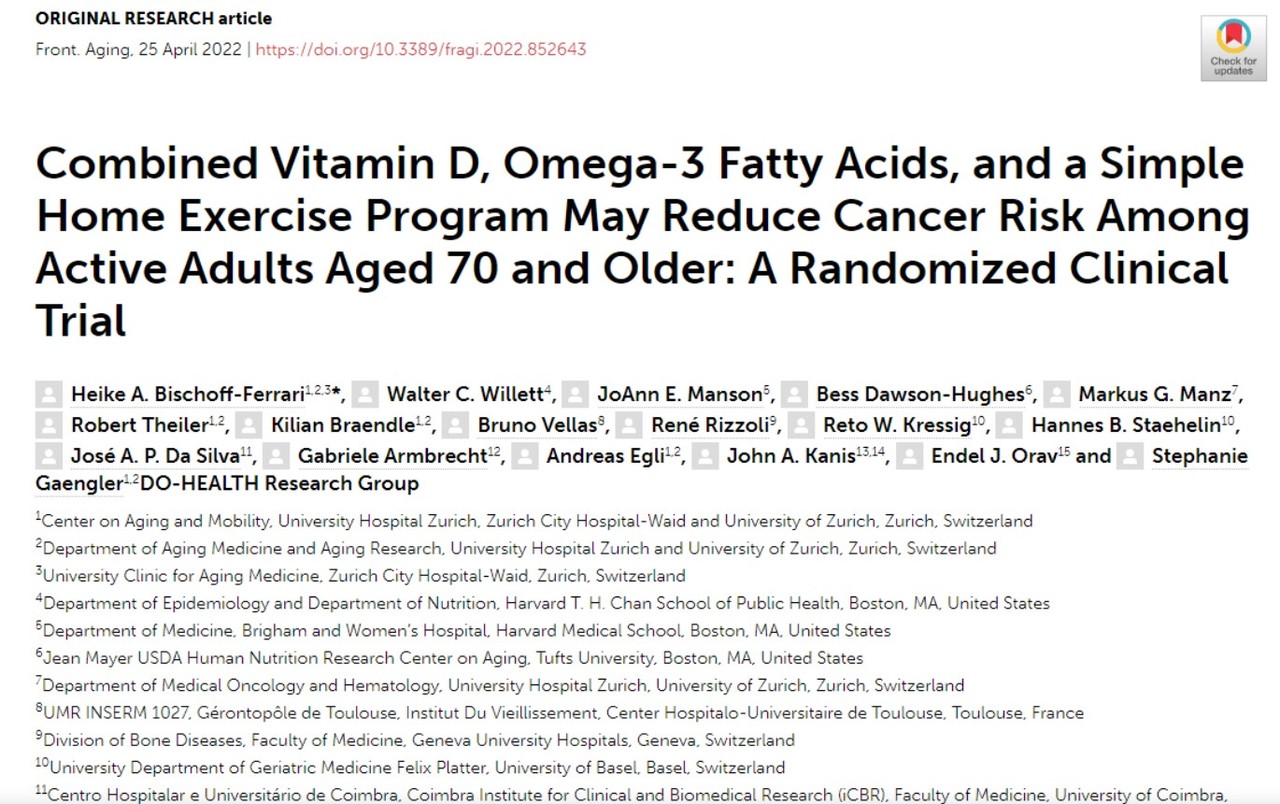 스위스의 한 연구팀이 'DO-HEALTH'  프로젝트를 통해 70세 이상 노인의 암 발생을 줄이는 방법에 대해 진행한 연구가 실린 'Frontiers in Aging'.