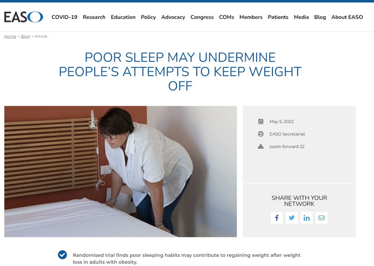 수면부족이 체중감량을 방해할 수 있다는 연구가 실린 유럽비만학협회 홈페이지. 