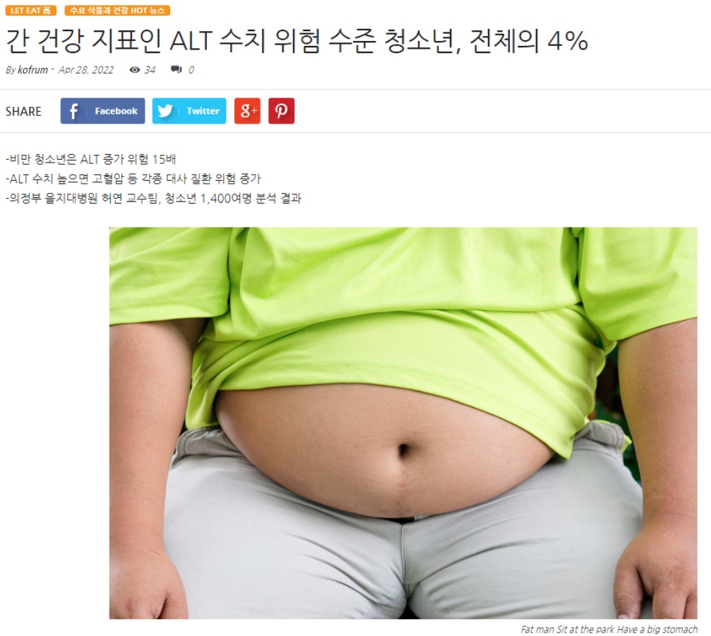 국민건강영양조사에 참여한 청소년을 대상으로 ALT수치를 연구분석한 논문을 소개한 한국식품커뮤티케이션포럼.