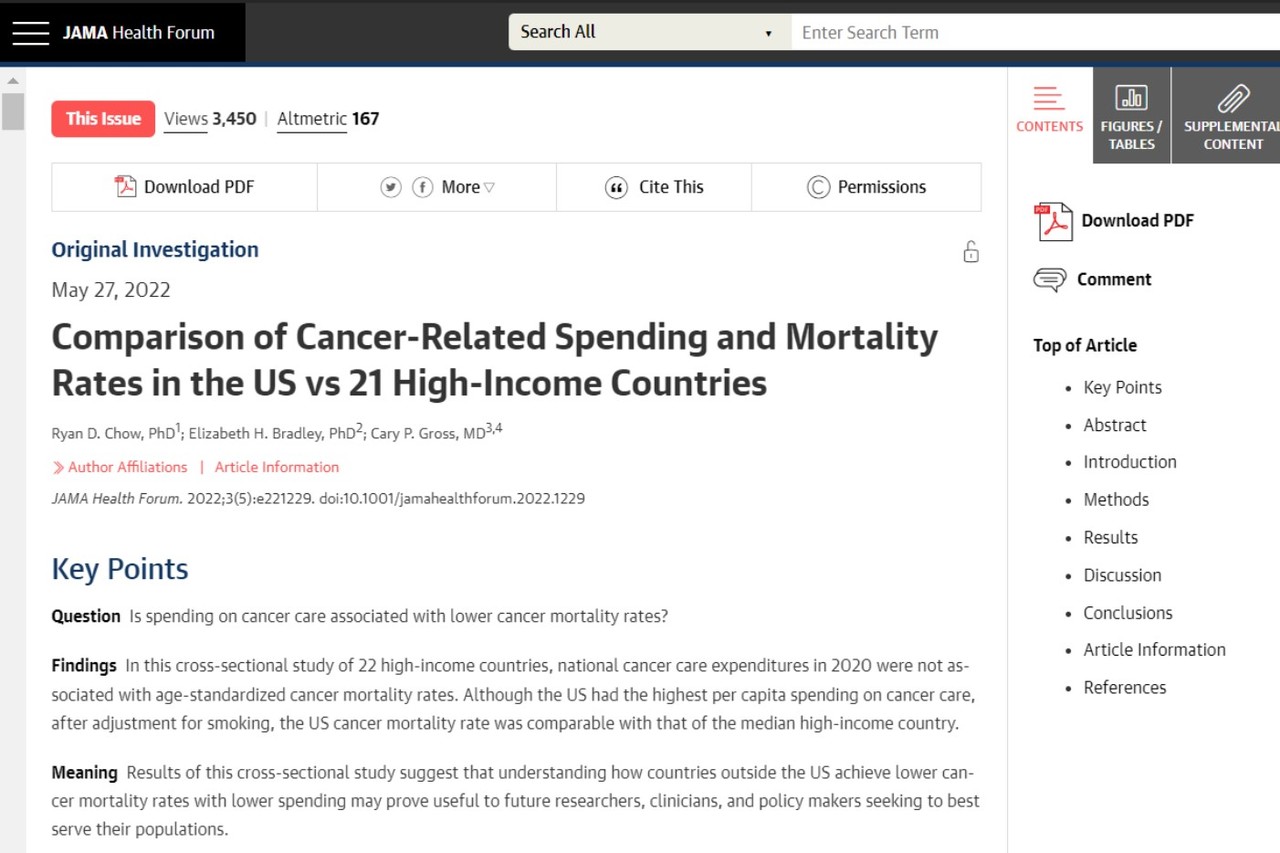 한국은 암 환자 1인당 치료비를 가장 적게 사용하지만, 사망률은 가장 낮은 국가. 미국의 암 치료비 급증에 대한 연구 결과, 한국의 효율적 치료가 드러난 연구가 실린 'JAMA Health Forum'.