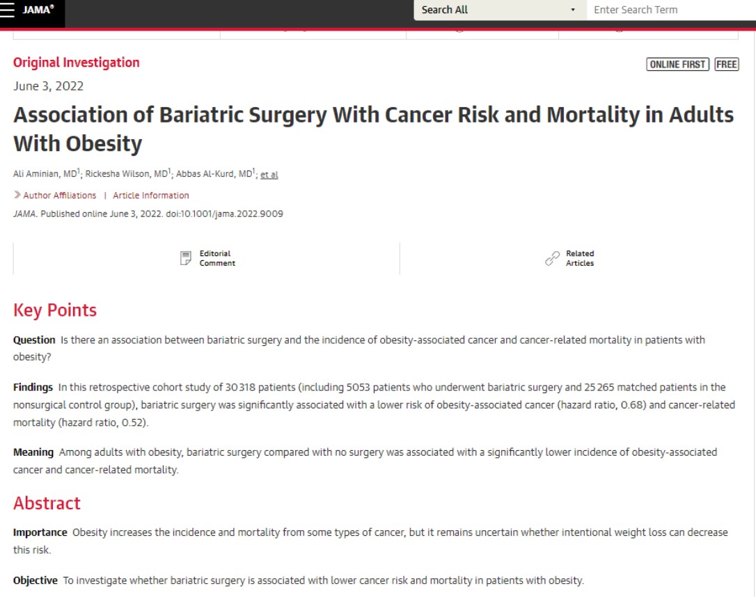 비만을 치료하는 수술을 받아도 암 발생 위험과 사망률을 낮출 수 있다는 연구결과가 발표된 'JAMA Network Open'.