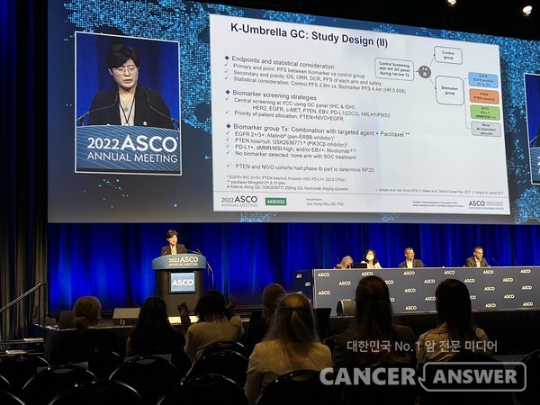 라선영 연세암병원 종양내과 교수가 미국임상암학회 연례학술대회(ASCO 2022)에서 주제발표를 하고 있다./대한항암요법연구회 제공