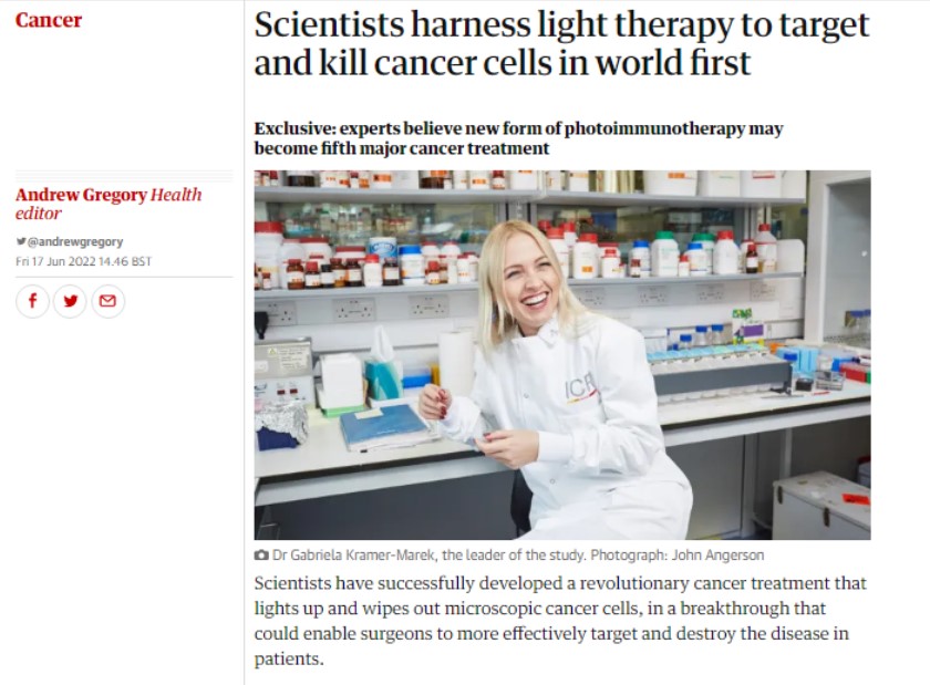 빛을 이용한 면역치료로 미세한 암세포까지도 제거하는 새로운 치료법이 개발된 의료계에 큰 파장을 일으키고 있다는 보도를 한 'the Guardian'.
