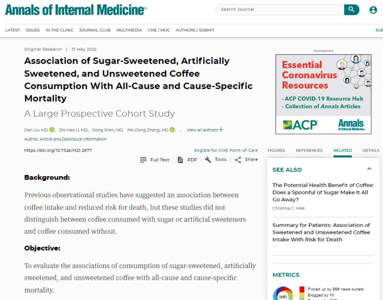 커피가 사망위험을 낮추는데, 설탕이 든 커피도 그같은 효과가 있다는 연구결과가 실린 'Annals of Internal Medicine'.