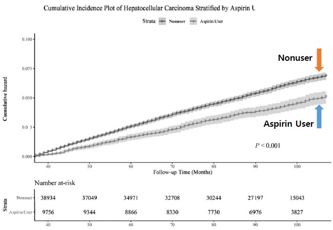 아스피린을 복용한 사람과 복용하지 않은 사람의 위험성을 비교한 그래프. / 세브란스병원