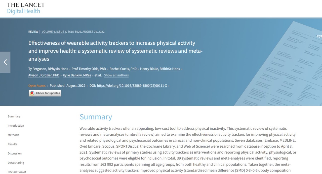 웨어러블 트래커를 사용하면 보통사람들의 운동을 격려해 체중감소는 물론 다양한 건강효과를 얻을 수 있다는 연구결과가 발표된 'the Lancet : Digital Health'.