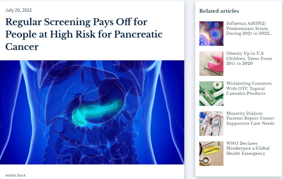 치명적인 췌장암도 조기에 진단하면 완치될 수 있다는 연구결과가 실린 'Journal of Clinical Oncology'와 이 연구결과를 분석 보도한 건강매체 'HealthDay'.