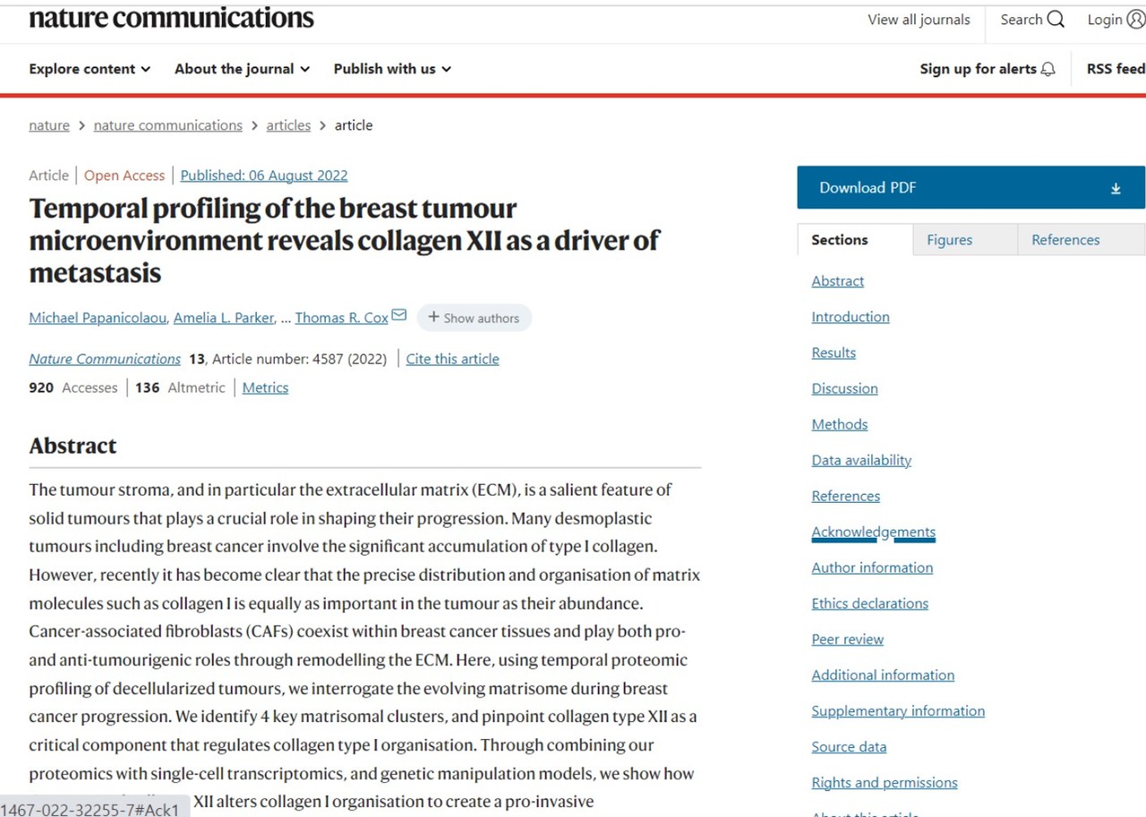 12형 콜라겐이 유방암의 전이를 촉진하고 암세포의 세포외기질 구축에 기여한다는 연구결과가 발표된 'Nature Communications'.