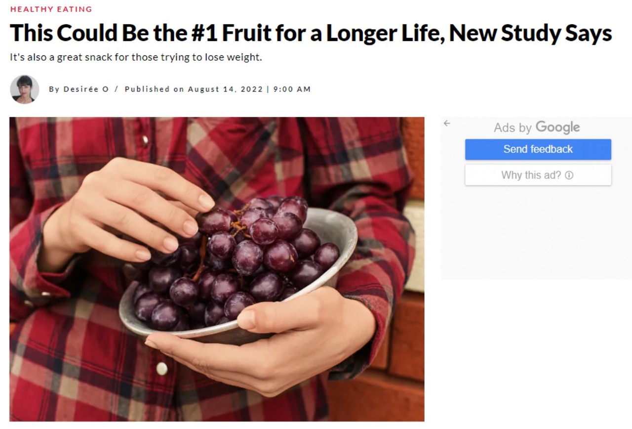 포도의 항산화 항염증 효과가 결과적으로 인간의 수명을 연장하는 효과를 갖게 된다는 연구 결과를 소개한 'Eat This Not That'.