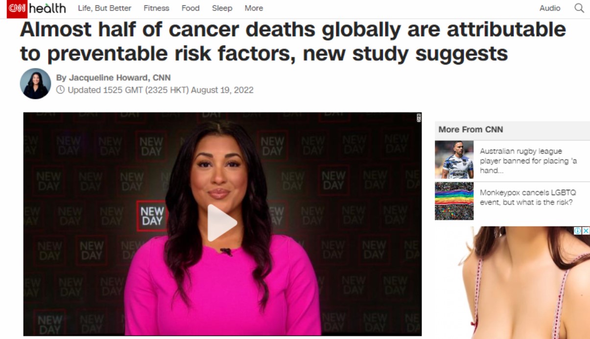 예방할 수 있는 위험요소 때문에 암에 걸려 사망에 이르는 사람들이 전체 암 사망자의 44%가 넘는다는 연구결과가 실린 'The Lancet'과 그 연구결과를 보도한 CNN.