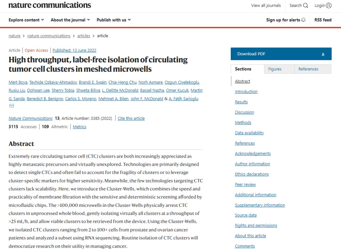 혈류를 타고 전이되는 '전이암의 씨앗'인 암세포 클러스터를 걸러내는 '클러스터 웰'을 개발했다는 연구결과가 실린 'Nature Communications'.