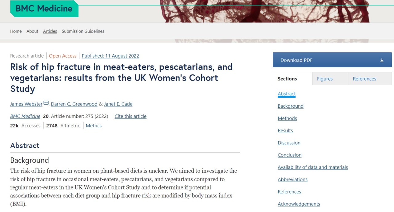 방대한 규모의 영국 여성 코호트 연구를 통해, 채식주의자가 고관절 골절 위험이 크다는 연구결과가 발표된 'BMC Medicine'.