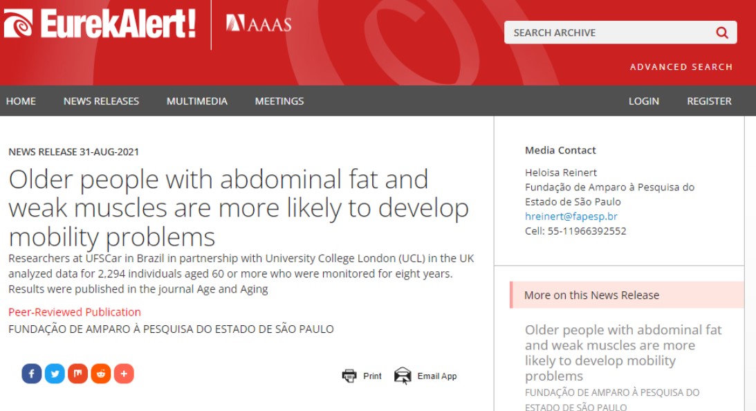 노화가 진행되면서 빈혈과 근육손실이 동시에 생기면 사망률이 급격히 높아진다는 연구결과를 소개한 'EurekAlert'.