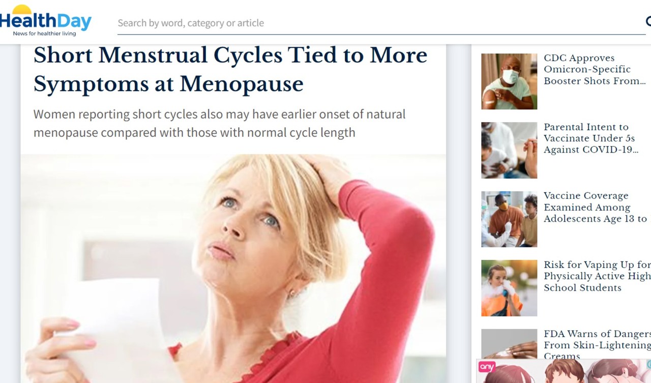 가임기 월경 주기가 중년 이후, 폐경기의 건강상태와 밀접한 관계가 있다는 연구결과를 보도한 미국 건강매체 'HealthDay'.