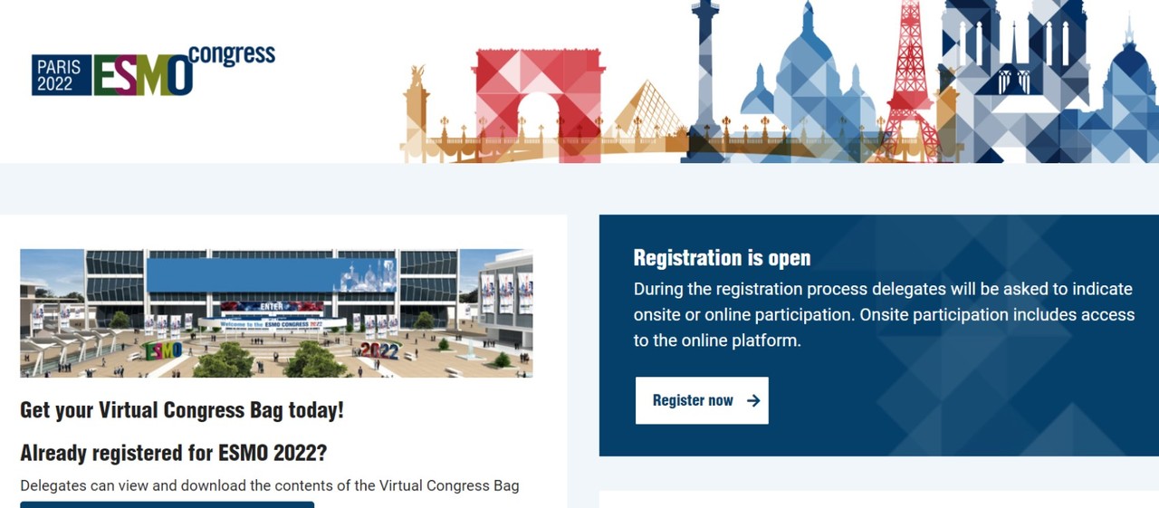 HLB의 표적 항암 신약 물질 '리보세라닙'이 임상3상에서 간암 생존기간 중간값 20개월의 벽을 깨뜨린 연구결과가 발표될 'ESMO 2022' 홈페이지.