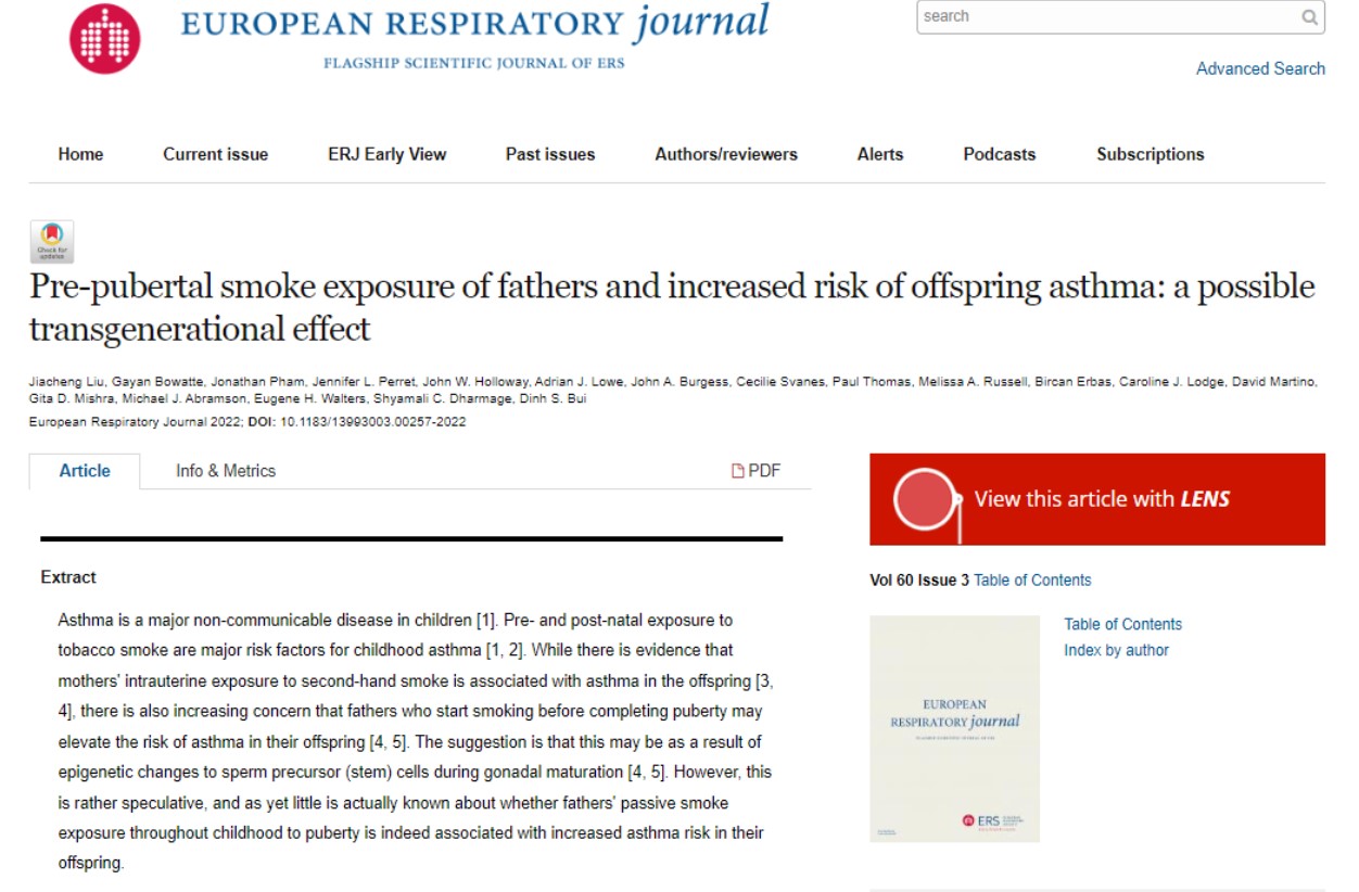 할아버지 때문에 어린 시절 아버지가 간접흡연을 했다면, 그 아들이 천식에 걸릴 위험이 급격히 높아진다는 연구 결과가 실린 'European Respiratory Journal'.
