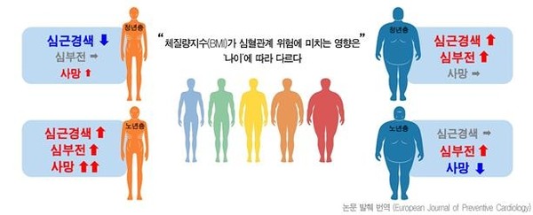 체질량지수(BMI)와 심근경색-심부전의 상관관계를 연령별로 나눠 비교한 자료./서울대병원 제공