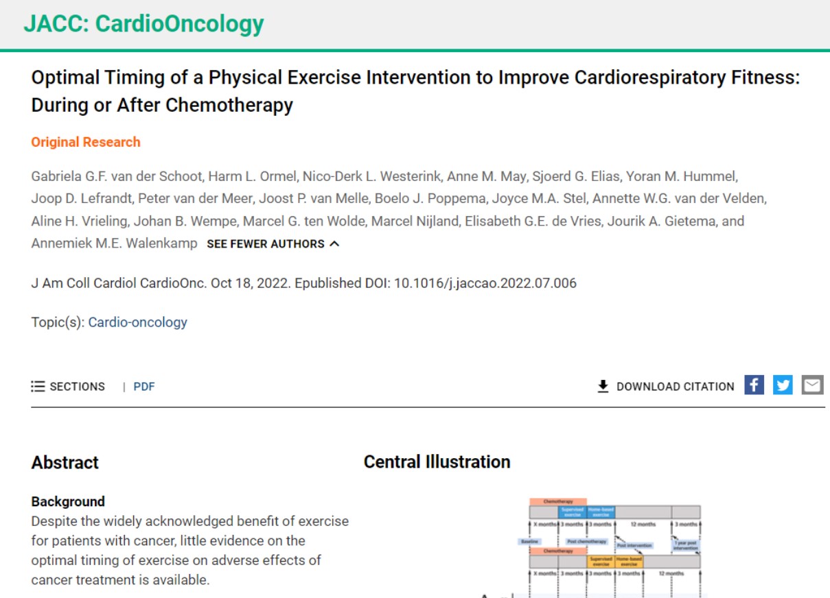 항암화학치료 중 운동을 시작하면 환자의 심폐능력이 향상되고 치료효과가 커진다는 연구결과가 발표된 'JACC : CardioOncology'.