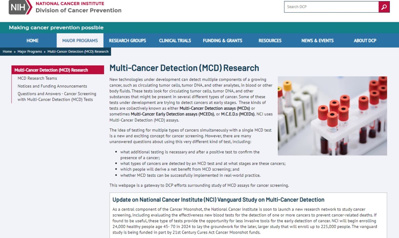 미국 국립암연구소는 피 한방울을 한번만 검사하고도 50가지 암의 위험을 포착할 수 있는 기술을 위한  집중적 연구를 시작한다고 밝혔다.