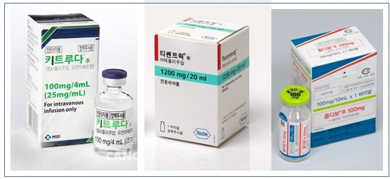 면역관문억제 기능을 하는 면역항암제의 종류는 많다. 왼쪽부터 키트루다, 티쎈트릭, 옵디보.